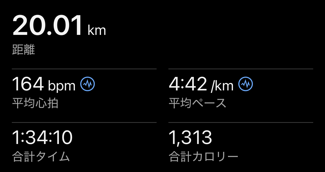 METASLEEKで走った20km走の記録。距離20.01km、平均心拍164bpm、平均ペース4分42秒/km、合計タイム1時間34分10秒